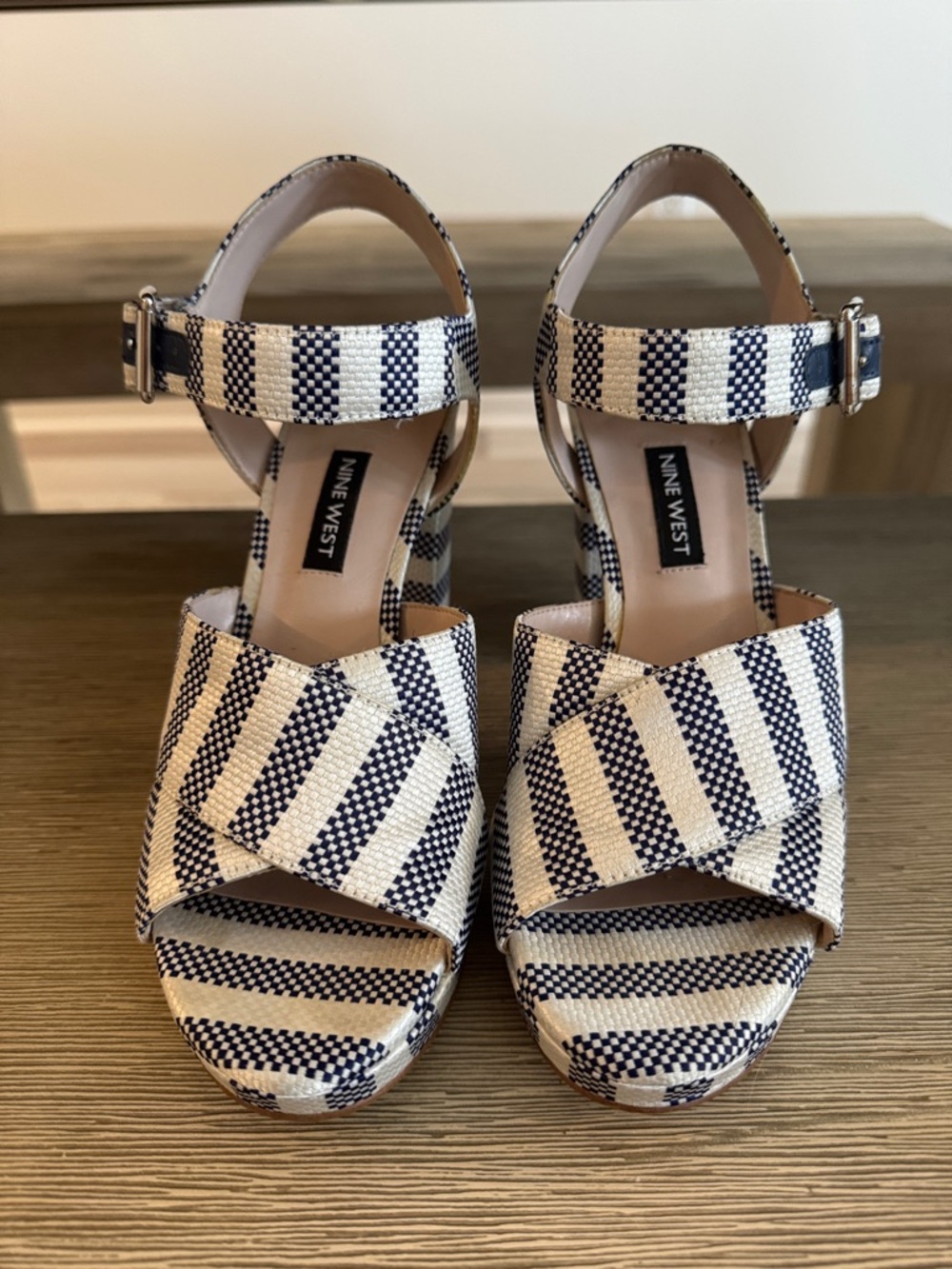 Nine West Navy and White Striped Wedge Sandals